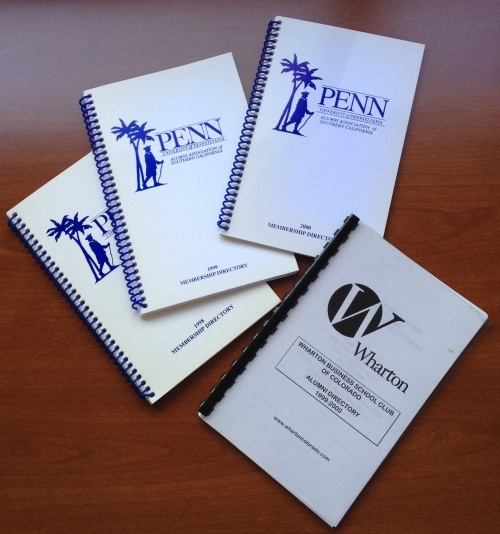 Penn Club of Los Angeles and Wharton Club of Colorado directories found in the Western Regional Office